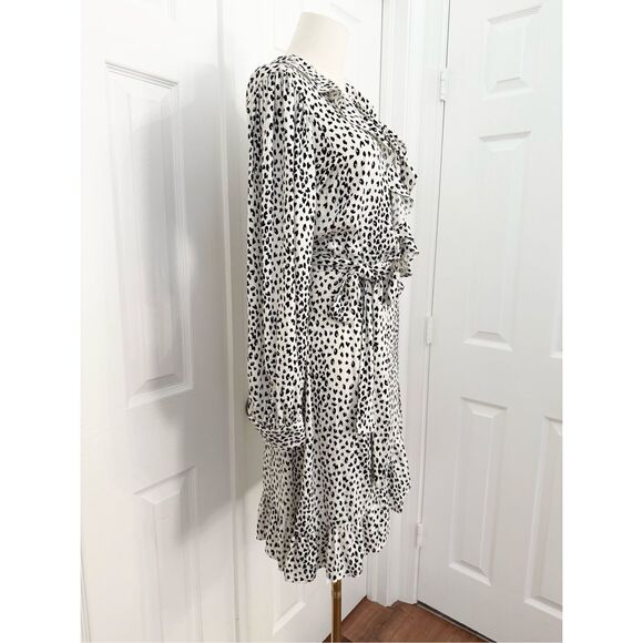 Maje Off White Black Rosana Ruffled Long SleeveAnimal Print Wrap Dress Size 2 - Picture 2 of 6